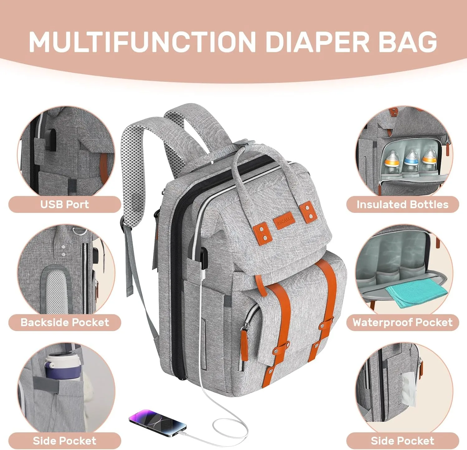 Diaper Bag Backpack with Changing Station, Large Diaper Bag, Multifunctional Diaper Bag, Baby Bag, Gray
