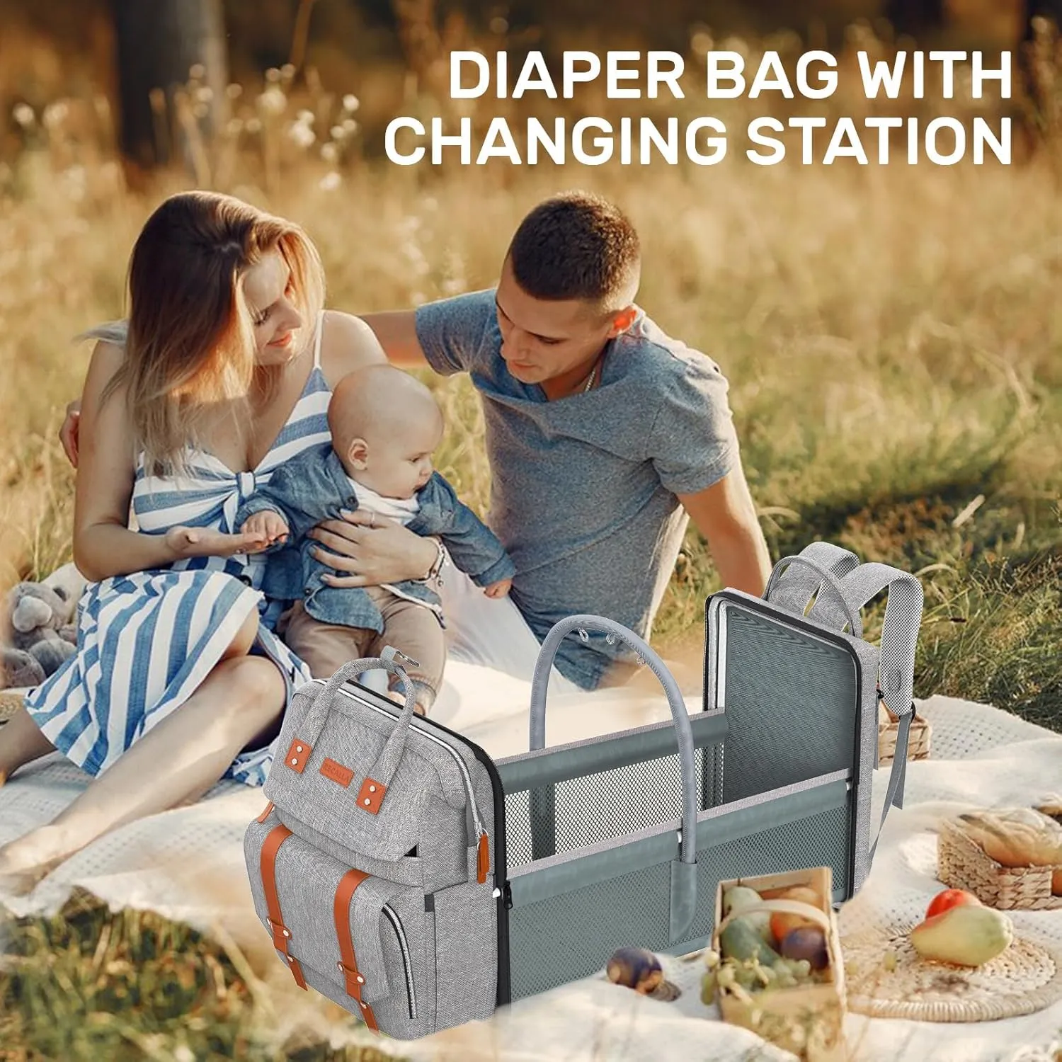 Diaper Bag Backpack with Changing Station, Large Diaper Bag, Multifunctional Diaper Bag, Baby Bag, Gray