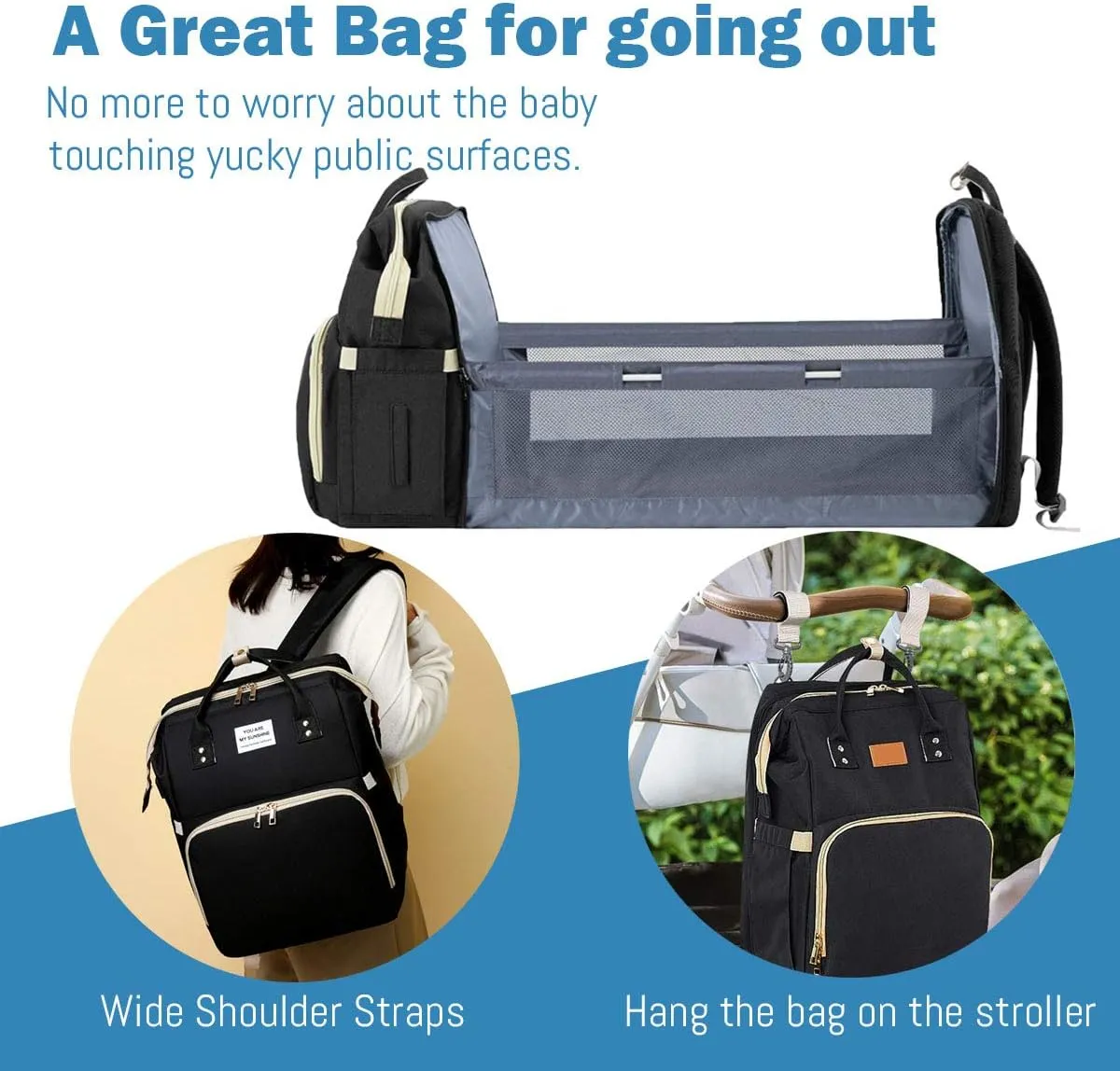 Diaper Bag Backpack with Changing Station, Nappy Baby Bags with Portable Changing Pad, 900D Waterproof Multi-Function Travel Portable Mommy Bag, Black