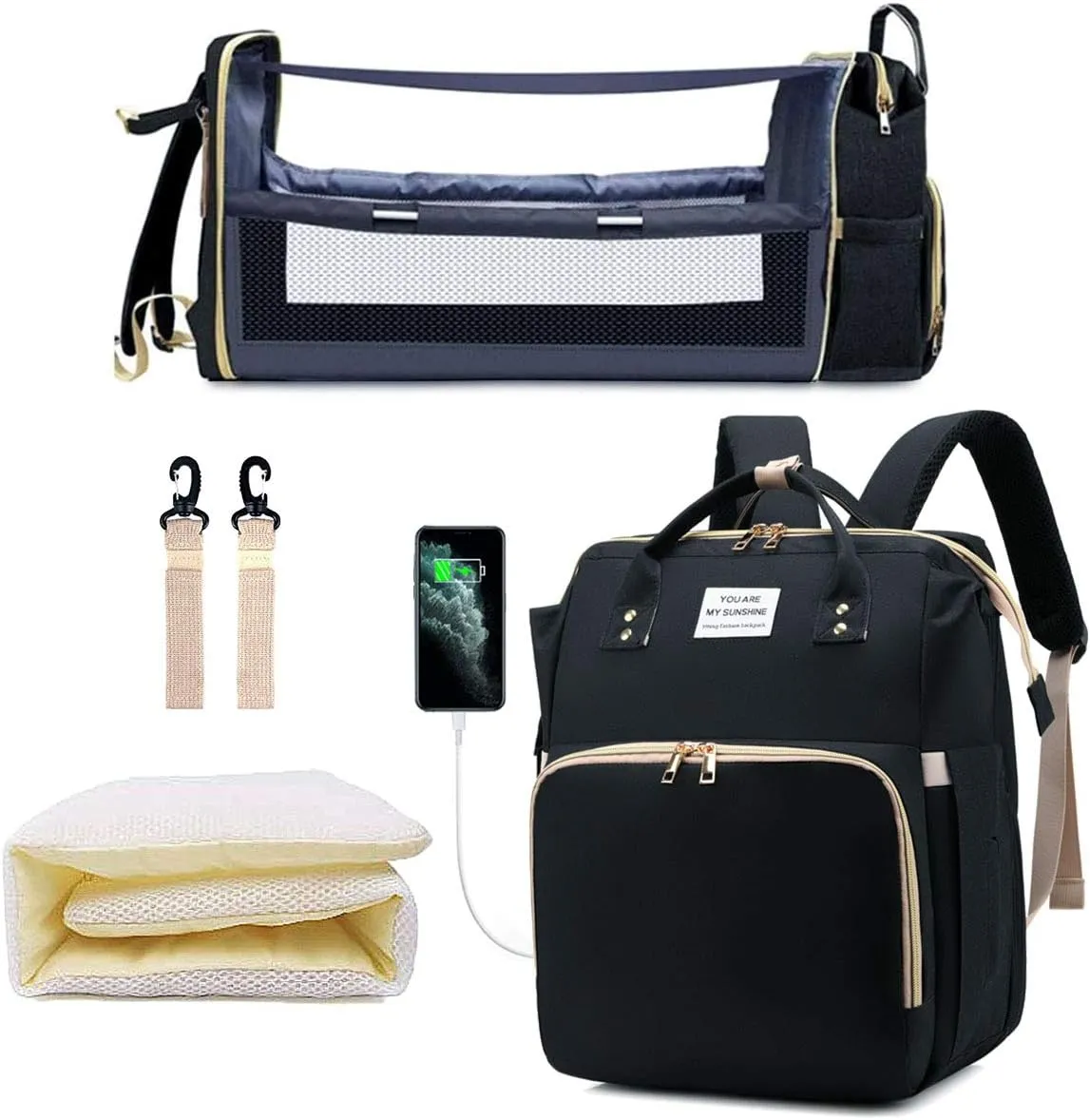 Diaper Bag Backpack with Changing Station, Nappy Baby Bags with Portable Changing Pad, 900D Waterproof Multi-Function Travel Portable Mommy Bag, Black