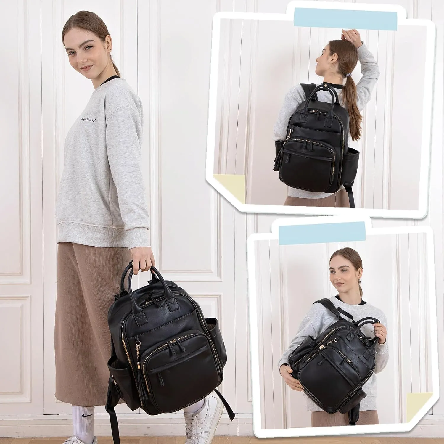 Diaper Bag Backpack,Leather Baby Bag with 16 Pockets,Large Travel Diaper Backpack,Baby Essential Organizer,4 Insulated Pockets,Changing Pad,Black