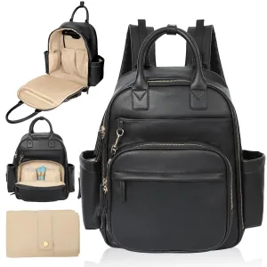 Diaper Bag Backpack,Leather Baby Bag with 16 Pockets,Large Travel Diaper Backpack,Baby Essential Organizer,4 Insulated Pockets,Changing Pad,Black