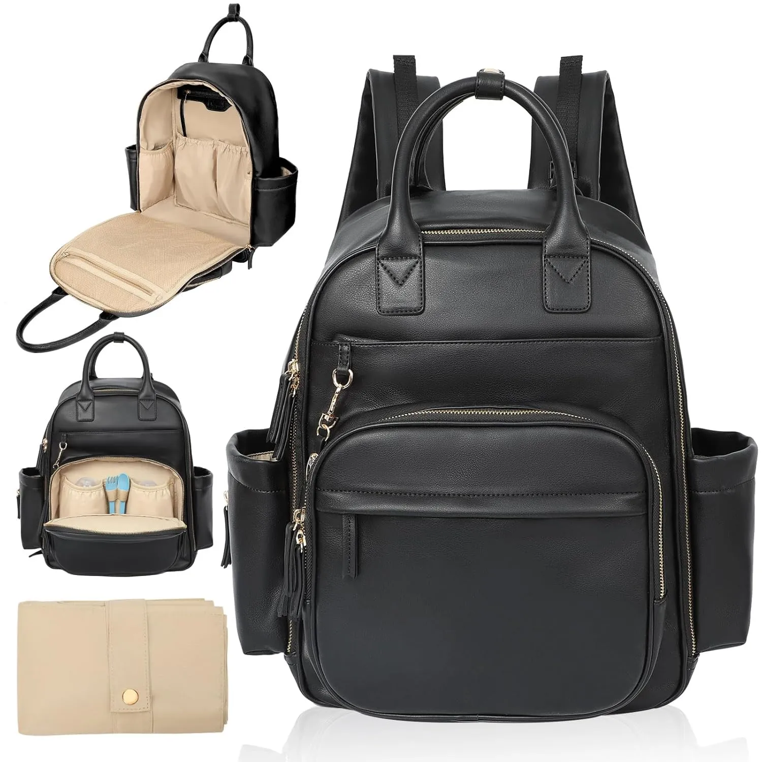 Diaper Bag Backpack,Leather Baby Bag with 16 Pockets,Large Travel Diaper Backpack,Baby Essential Organizer,4 Insulated Pockets,Changing Pad,Black