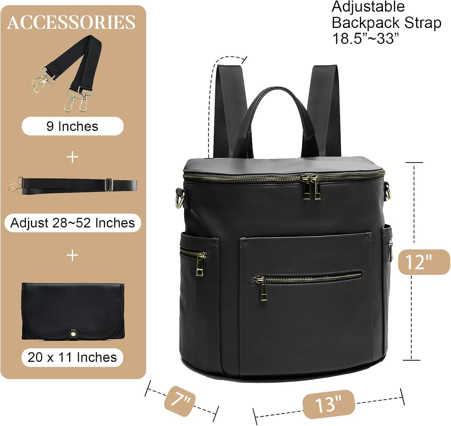 Diaper bag, Leather Diaper Bag Backpack by MF Store, Diaper Backpack with Laptop Sleeve,Changing Pad,Wipes Pouch,Stroller Straps and Insulated Pockets