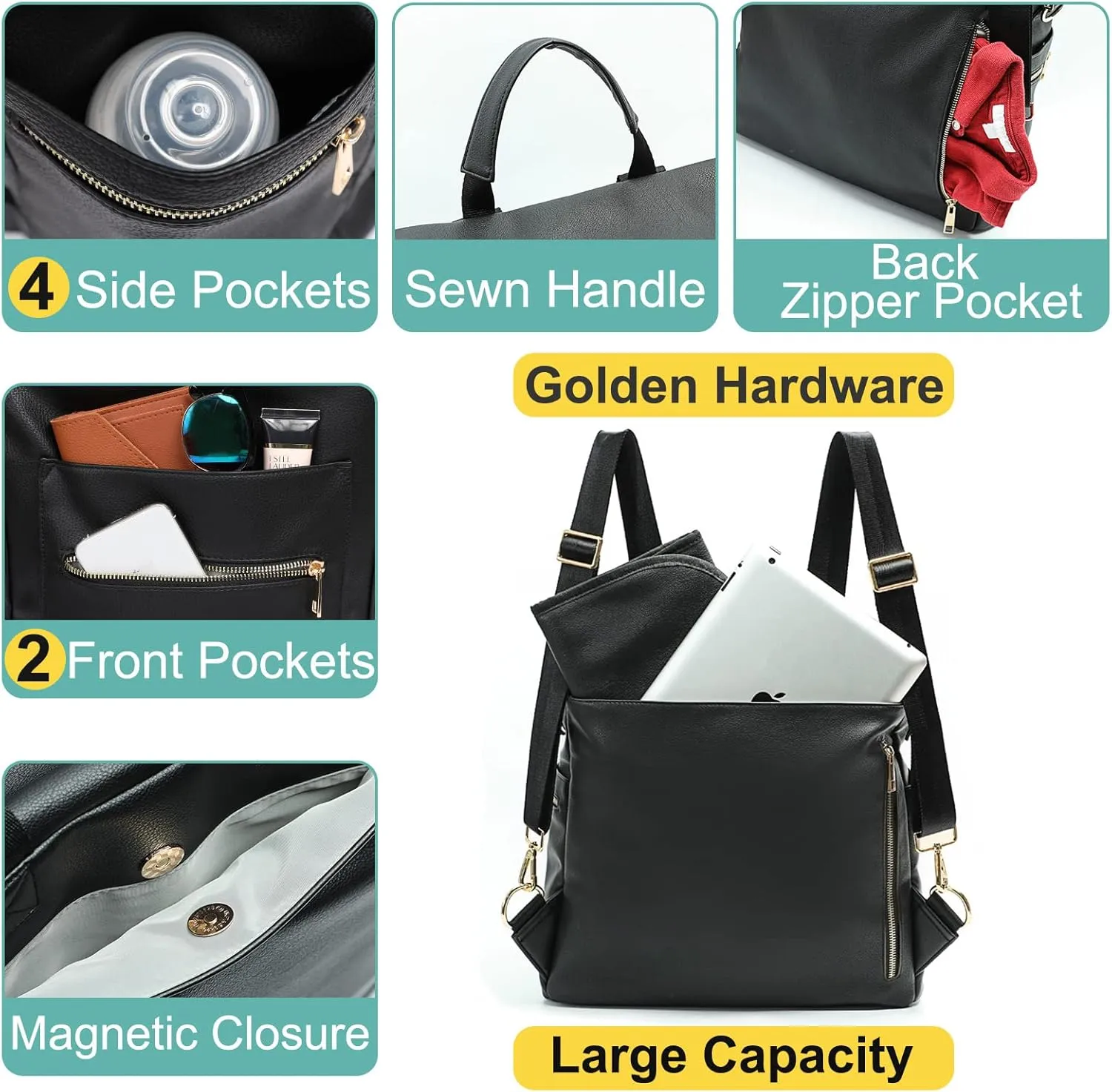 Diaper bag, Leather Diaper Bag Backpack by MF Store, Diaper Backpack with Laptop Sleeve,Changing Pad,Wipes Pouch,Stroller Straps and Insulated Pockets