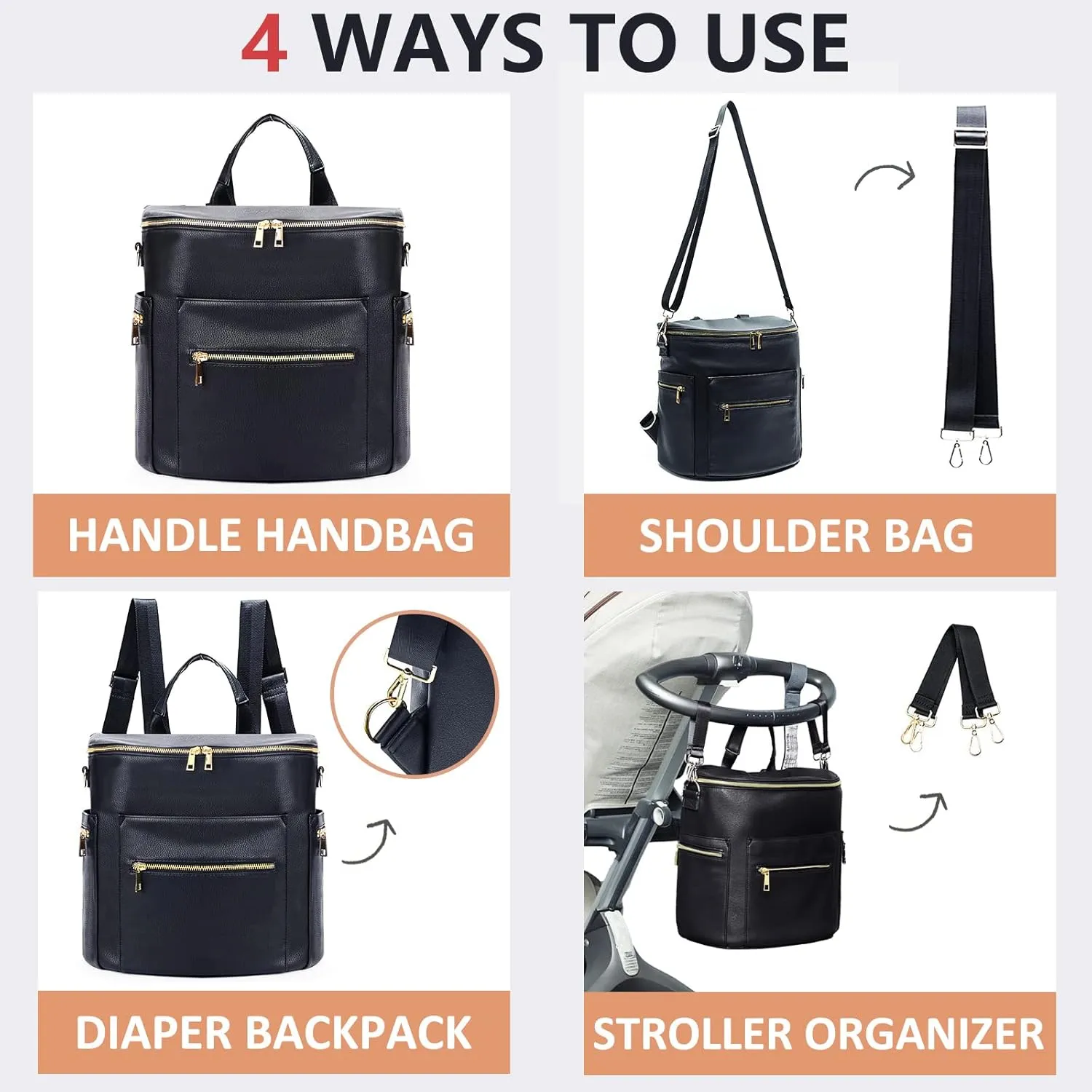 Diaper bag, Leather Diaper Bag Backpack by MF Store, Diaper Backpack with Laptop Sleeve,Changing Pad,Wipes Pouch,Stroller Straps and Insulated Pockets
