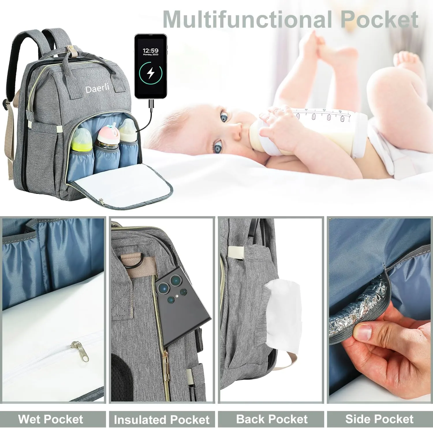 Diaper Bag with Changing Station, Large Diaper Bag Backpack, Multifunctional Baby Diaper Bag (Gray)