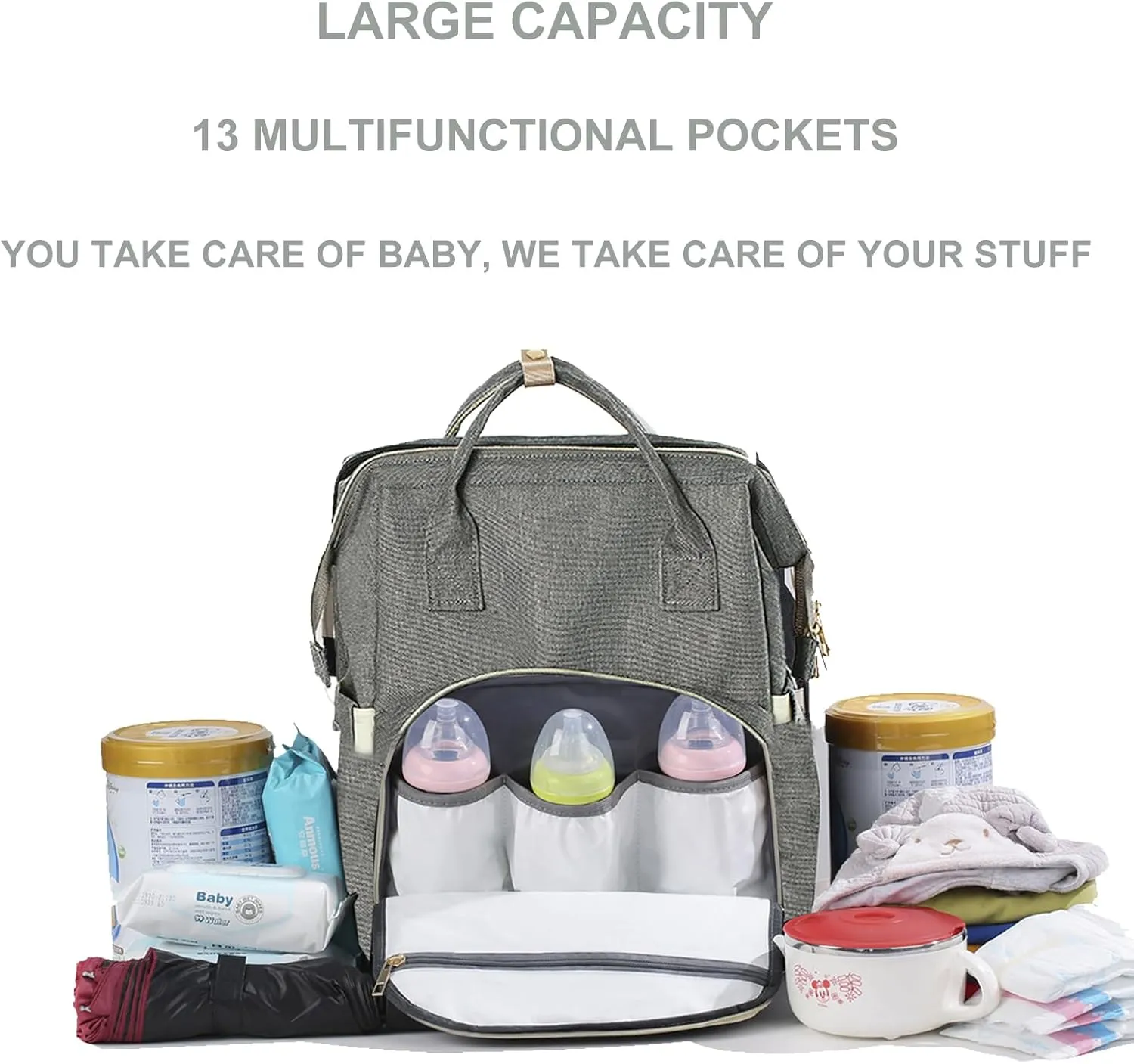 Diaper Bag with Changing Station, Large Diaper Bag Backpack, Multifunctional Baby Diaper Bag (Gray)