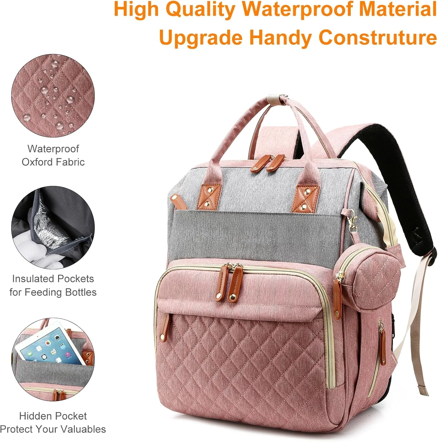Diaper Bag with Changing Station, Waterproof 3 in 1 Baby Diaper Backpack with Foldable Changing Pad, Large Travel Back Pack for Girl Boy, Pink-Grey