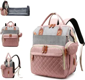 Diaper Bag with Changing Station, Waterproof 3 in 1 Baby Diaper Backpack with Foldable Changing Pad, Large Travel Back Pack for Girl Boy, Pink-Grey