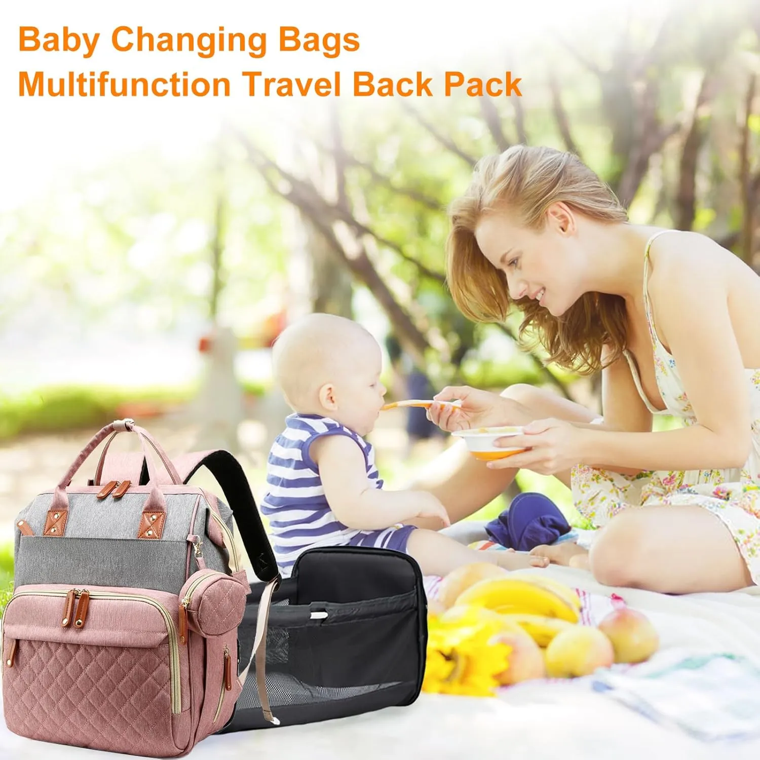 Diaper Bag with Changing Station, Waterproof 3 in 1 Baby Diaper Backpack with Foldable Changing Pad, Large Travel Back Pack for Girl Boy, Pink-Grey