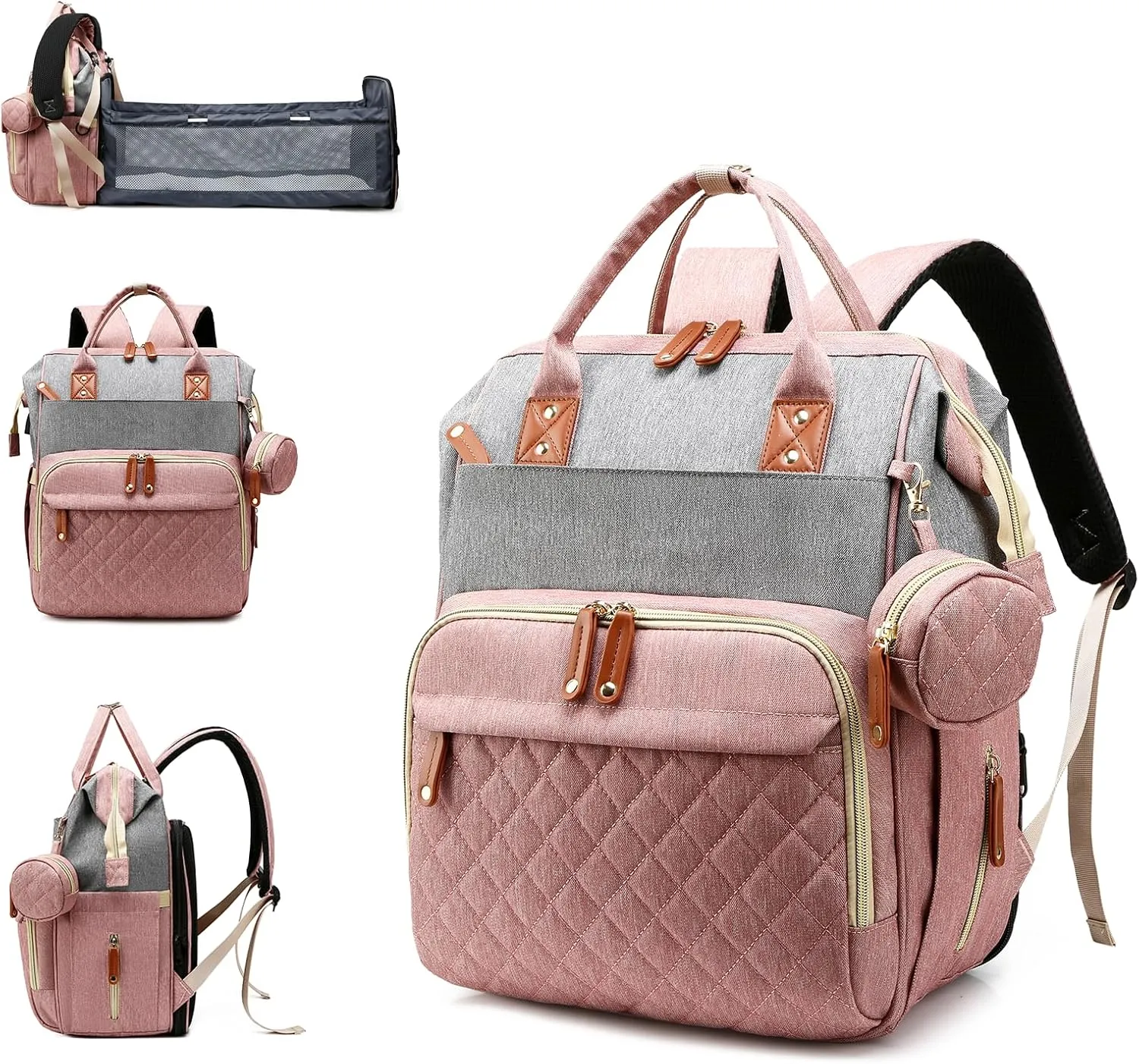 Diaper Bag with Changing Station, Waterproof 3 in 1 Baby Diaper Backpack with Foldable Changing Pad, Large Travel Back Pack for Girl Boy, Pink-Grey
