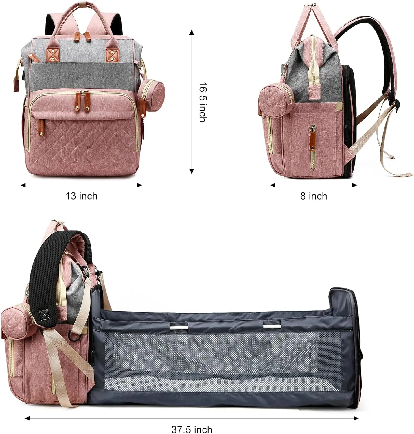 Diaper Bag with Changing Station, Waterproof 3 in 1 Baby Diaper Backpack with Foldable Changing Pad, Large Travel Back Pack for Girl Boy, Pink-Grey