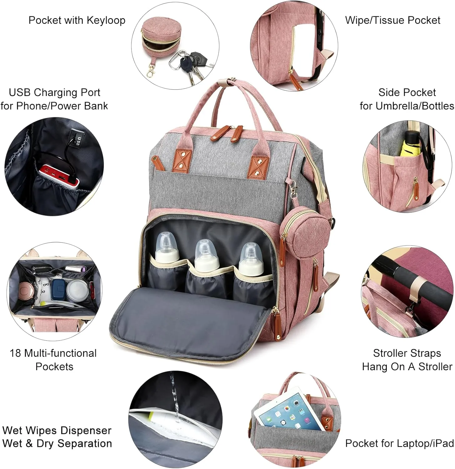 Diaper Bag with Changing Station, Waterproof 3 in 1 Baby Diaper Backpack with Foldable Changing Pad, Large Travel Back Pack for Girl Boy, Pink-Grey