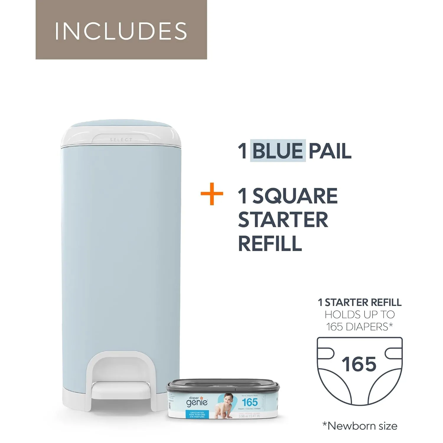 Diaper Genie Select Pail (Blue) is Made of Durable Stainless Steel and Includes 1 Starter Square Refill That can Hold up to 165 Newborn-Sized Diapers.