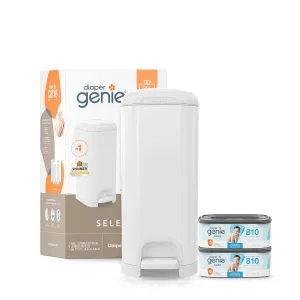 Diaper Genie Select Pail Registry Gift Set (White) | Made of Durable Stainless Steel Metal | Includes 2 Jumbo Refills | Holds 1620 Newborn Diapers
