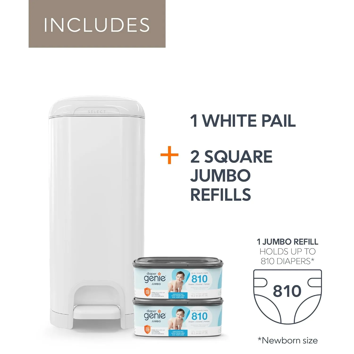 Diaper Genie Select Pail Registry Gift Set (White) | Made of Durable Stainless Steel Metal | Includes 2 Jumbo Refills | Holds 1620 Newborn Diapers