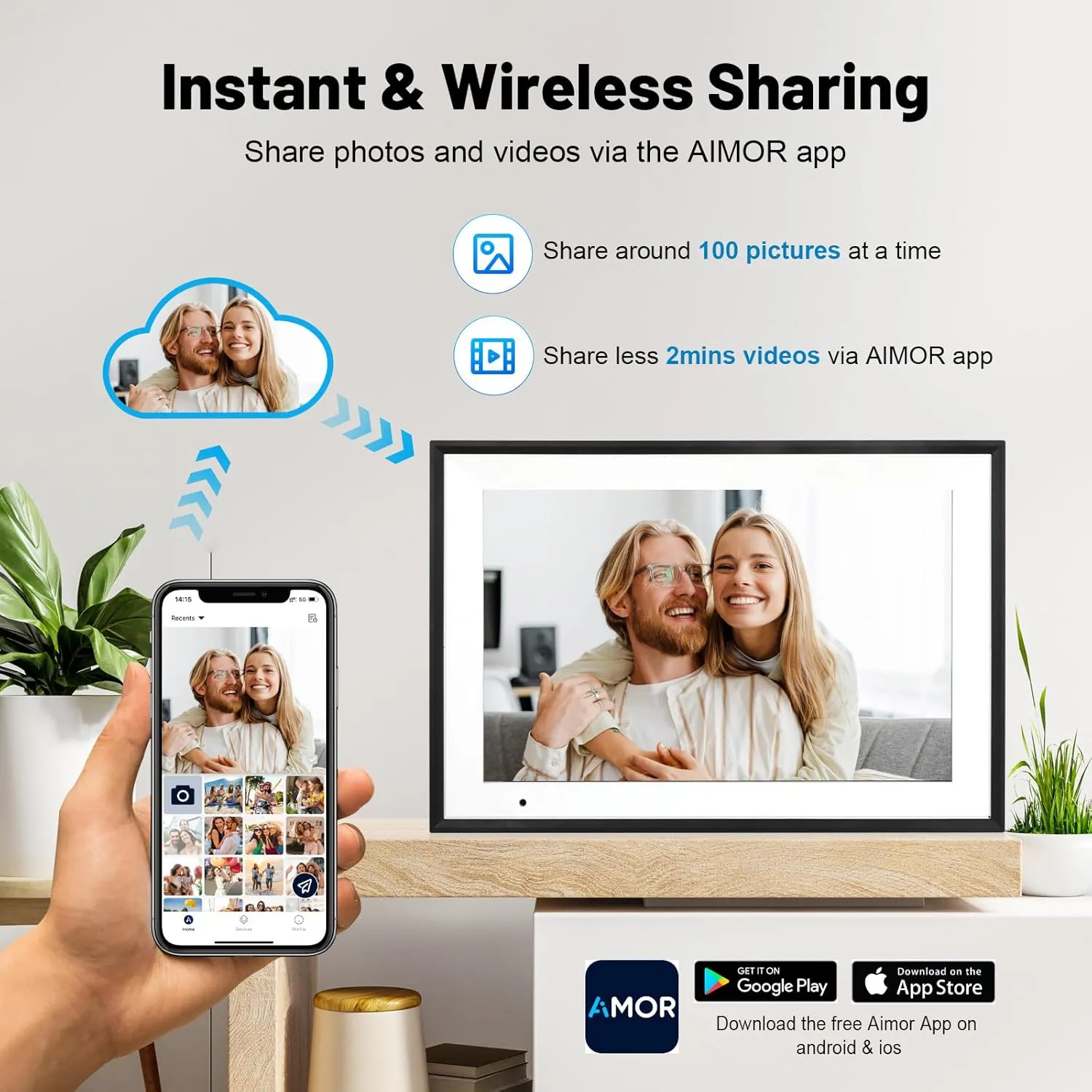 Digital Photo Frame 10.1 Inch WiFi Digital Picture Frame IPS HD Touch Screen Smart Cloud Photo Frame with 32GB Storage, Auto-Rotate, Easy Setup to Share Photos or Videos Remotely via AiMOR APP (Black)