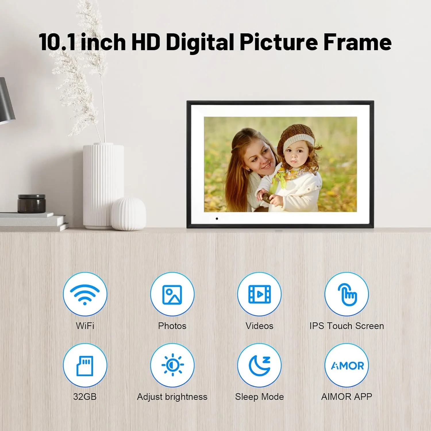 Digital Photo Frame 10.1 Inch WiFi Digital Picture Frame IPS HD Touch Screen Smart Cloud Photo Frame with 32GB Storage, Auto-Rotate, Easy Setup to Share Photos or Videos Remotely via AiMOR APP (Black)