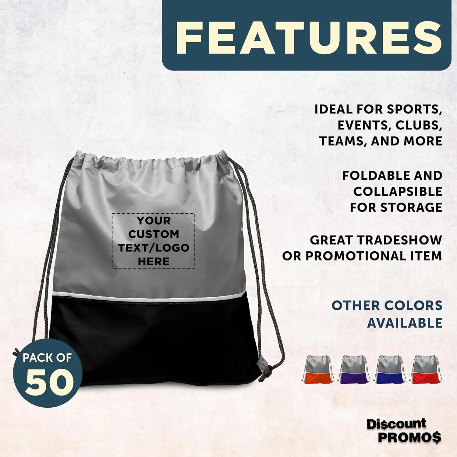 DISCOUNT PROMOS 50 Easy Go Drawstring Backpacks Set - Customizable Text, Logo - Polyester, Convenient, Innovative features, Stylish - Black