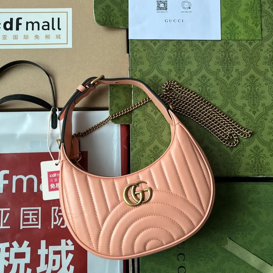 Discounted coupons calfskin shaped gold marmont peach gg 21cm Gucci hardware Customizable half-moon