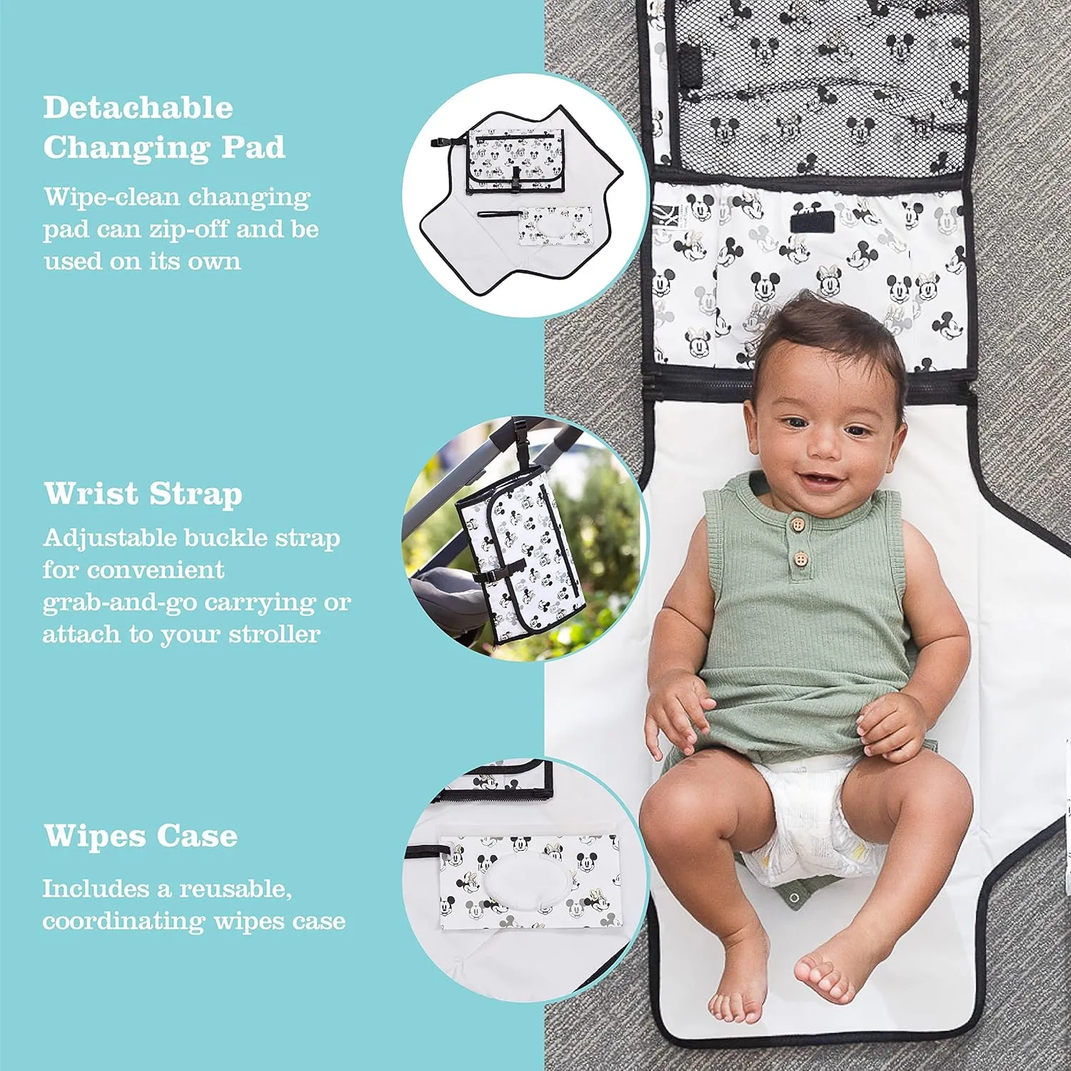 Disney Baby by J.L. Childress Portable Diaper Changing Station for Baby - Includes Wipes Case, Storage Pockets - Disney World Travel Essential - Travel Diaper Changing Kit - Mickey Minnie Ivory
