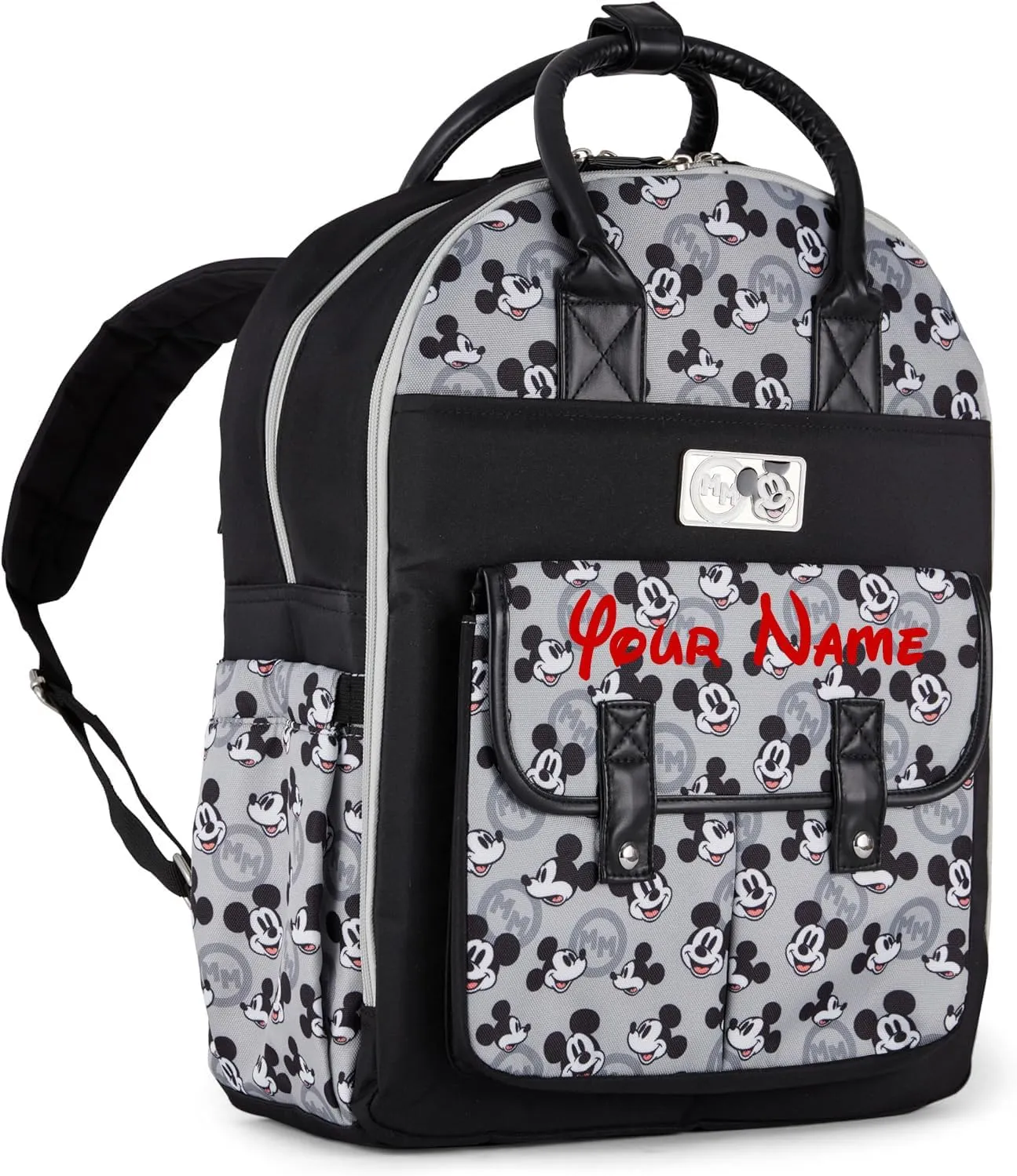Disney Personalized Diaper Bag Character MICKEY MINNIE and MORE Multi-Pocket Functional Baby Diaper Bag Backpacks (Personalized Mickey Black and Gray)