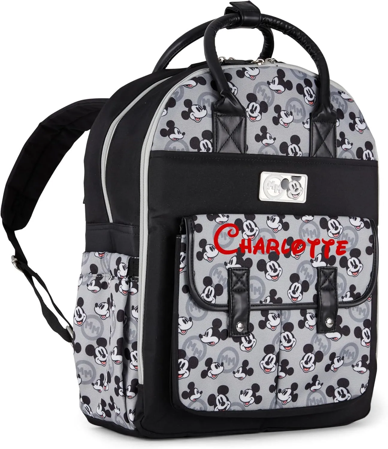 Disney Personalized Diaper Bag Character MICKEY MINNIE and MORE Multi-Pocket Functional Baby Diaper Bag Backpacks (Personalized Mickey Black and Gray)
