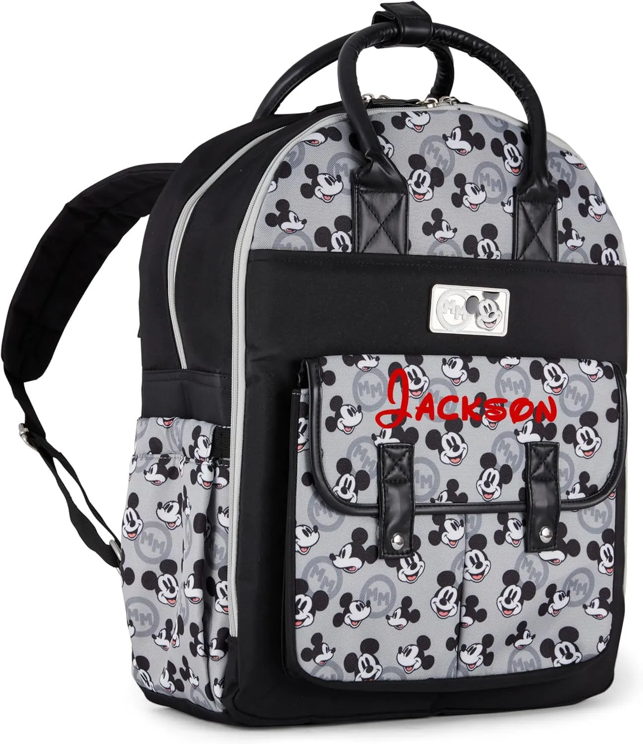 Disney Personalized Diaper Bag Character MICKEY MINNIE and MORE Multi-Pocket Functional Baby Diaper Bag Backpacks (Personalized Mickey Black and Gray)