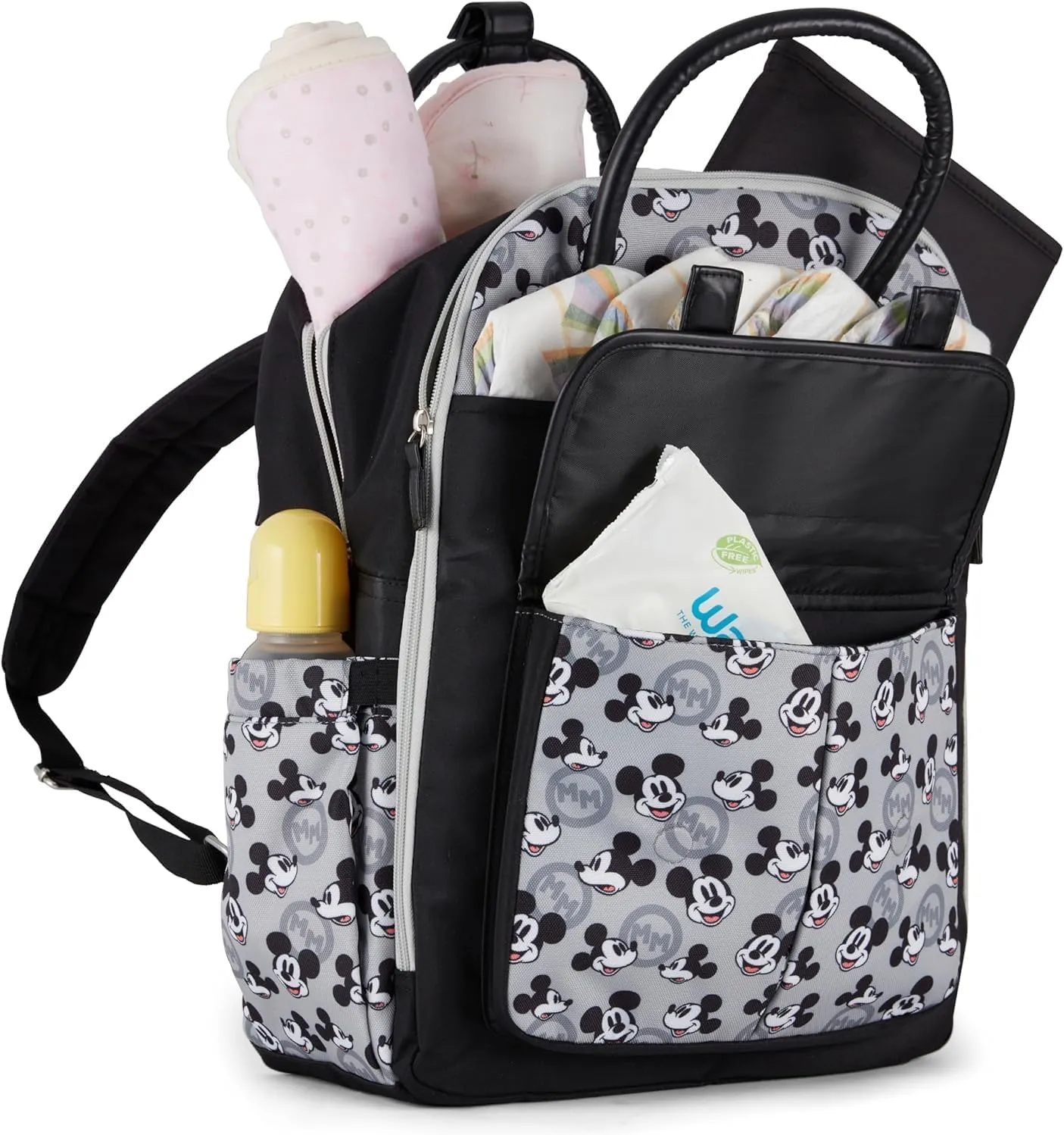 Disney Personalized Diaper Bag Character MICKEY MINNIE and MORE Multi-Pocket Functional Baby Diaper Bag Backpacks (Personalized Mickey Black and Gray)