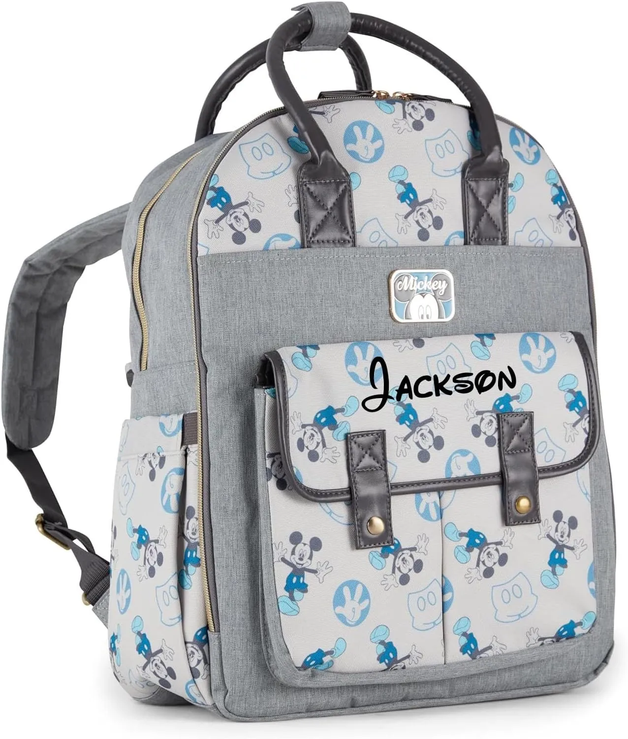 Disney Personalized Diaper Bag Character MICKEY MINNIE and MORE Multi-Pocket Functional Baby Diaper Bag Backpacks (Personalized Mickey Gray Double Handle Diaper Bag)