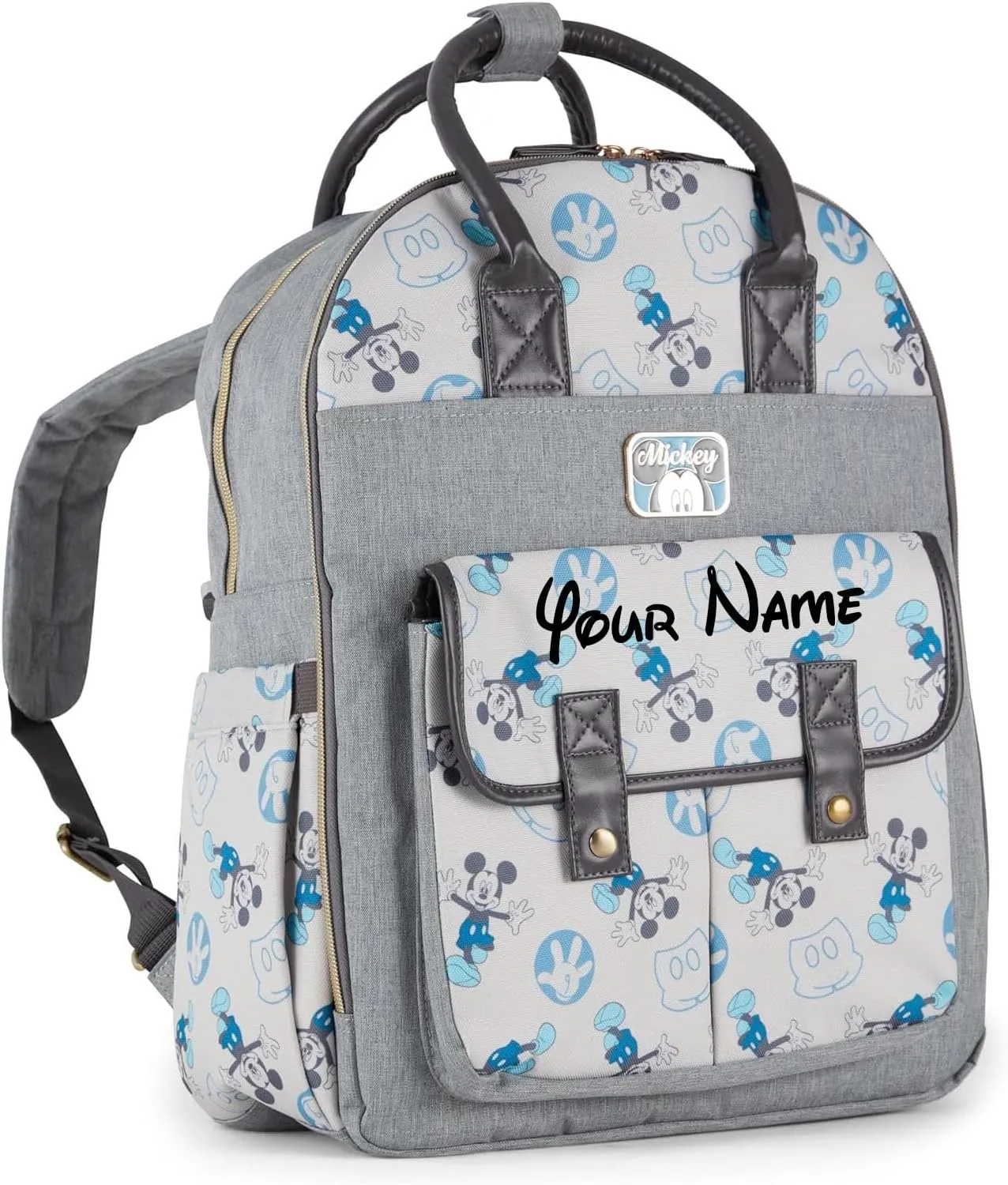 Disney Personalized Diaper Bag Character MICKEY MINNIE and MORE Multi-Pocket Functional Baby Diaper Bag Backpacks (Personalized Mickey Gray Double Handle Diaper Bag)