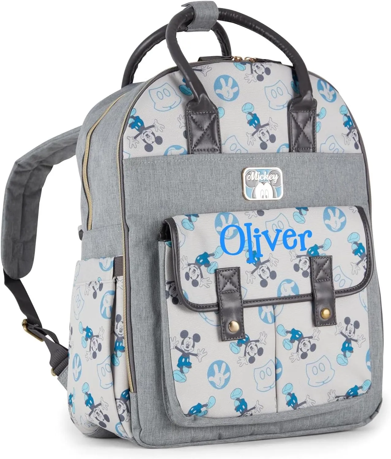 Disney Personalized Diaper Bag Character MICKEY MINNIE and MORE Multi-Pocket Functional Baby Diaper Bag Backpacks (Personalized Mickey Gray Double Handle Diaper Bag)