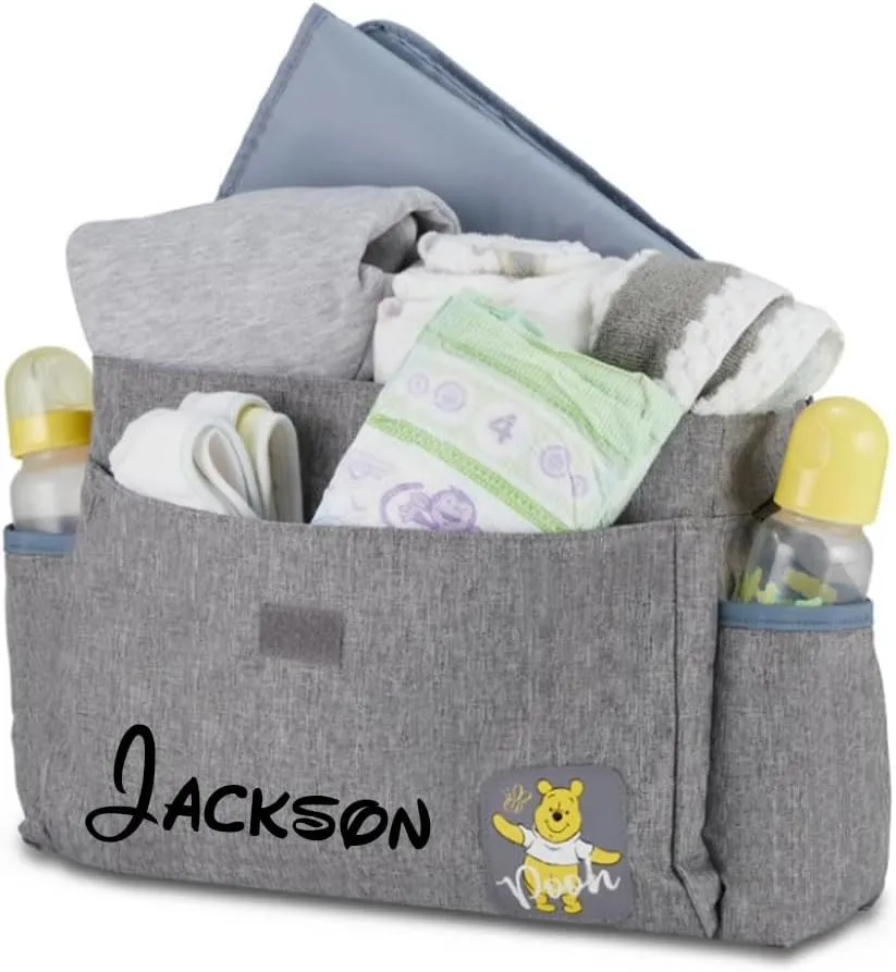 Disney Personalized Diaper Bag Character MICKEY MINNIE and MORE Multi-Pocket Functional Baby Diaper Bag Backpacks (Personalized Pooh Faces Gray Tote Diaper Bag)