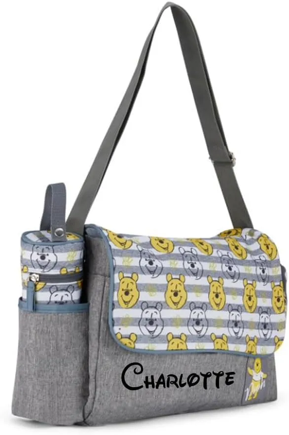 Disney Personalized Diaper Bag Character MICKEY MINNIE and MORE Multi-Pocket Functional Baby Diaper Bag Backpacks (Personalized Pooh Faces Gray Tote Diaper Bag)