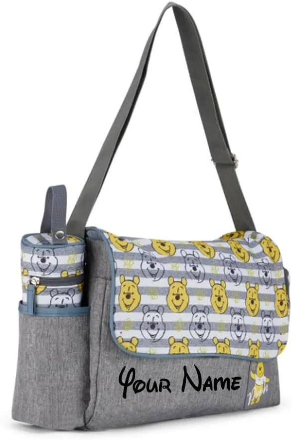 Disney Personalized Diaper Bag Character MICKEY MINNIE and MORE Multi-Pocket Functional Baby Diaper Bag Backpacks (Personalized Pooh Faces Gray Tote Diaper Bag)