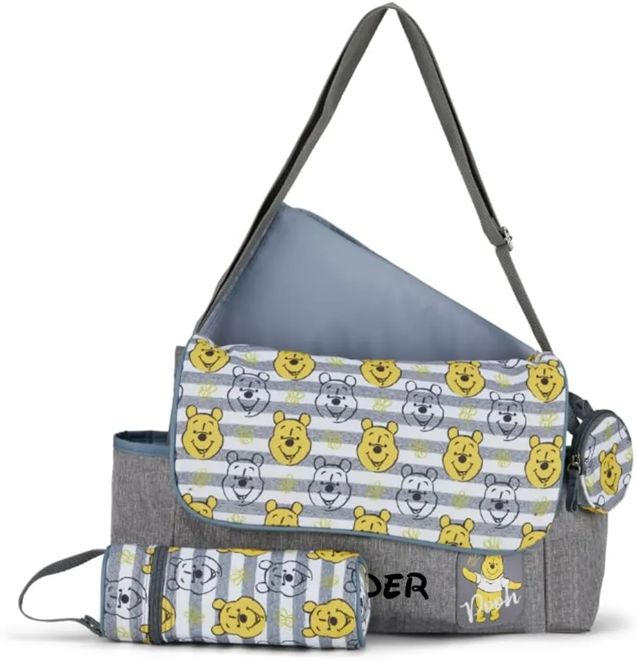 Disney Personalized Diaper Bag Character MICKEY MINNIE and MORE Multi-Pocket Functional Baby Diaper Bag Backpacks (Personalized Pooh Faces Gray Tote Diaper Bag)
