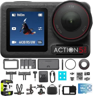 DJI Osmo Action 5 Pro Adventure Combo, 4-Hour Battery, 4K Video Bundle with Outdoor Action Kit, 64GB microSDXC Card, Silicone Protective Case & 1 YR CPS Enhanced Protection Pack