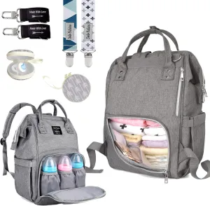Dodo Babies Diaper Bag Backpack Set - Insulated & Waterproof Pockets - Plus Two Pacifier Clips, Binky Case & Stroller Straps (Teal/Grey)