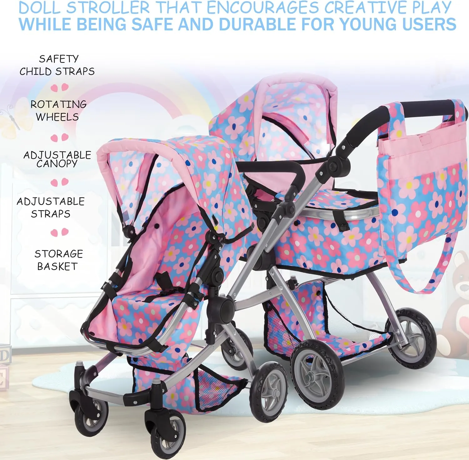 Dolls To Play Baby Doll Convertible Pram Stroller for Kids, Adjustable Handle Foldable Buggy Carriage with Canopy and Storage Basket Heavy Duty Premium Quality - 25 Inch