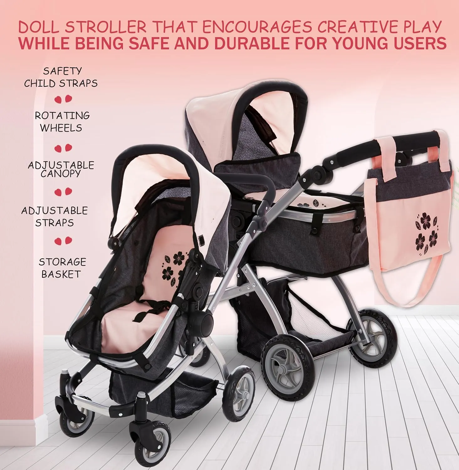 Dolls To Play Baby Doll Convertible Pram Stroller for Kids, Adjustable Handle Foldable Buggy Carriage with Canopy and Storage Basket Heavy Duty Premium Quality Rotating Wheels - 25 Inch