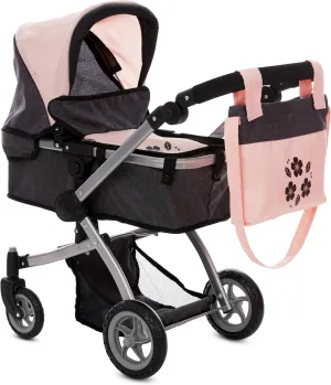 Dolls To Play Baby Doll Convertible Pram Stroller for Kids, Adjustable Handle Foldable Buggy Carriage with Canopy and Storage Basket Heavy Duty Premium Quality Rotating Wheels - 25 Inch