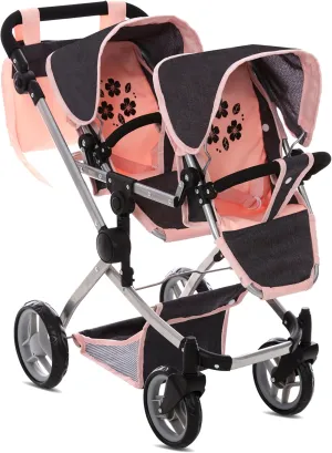 Dolls To Play - Baby Doll Double Stroller, Twin Pram Buggy Pretend Play for Girls Kids 27.5 Inches High Adjustable Handle Rotating Wheels Storage Basket Diaper Bag