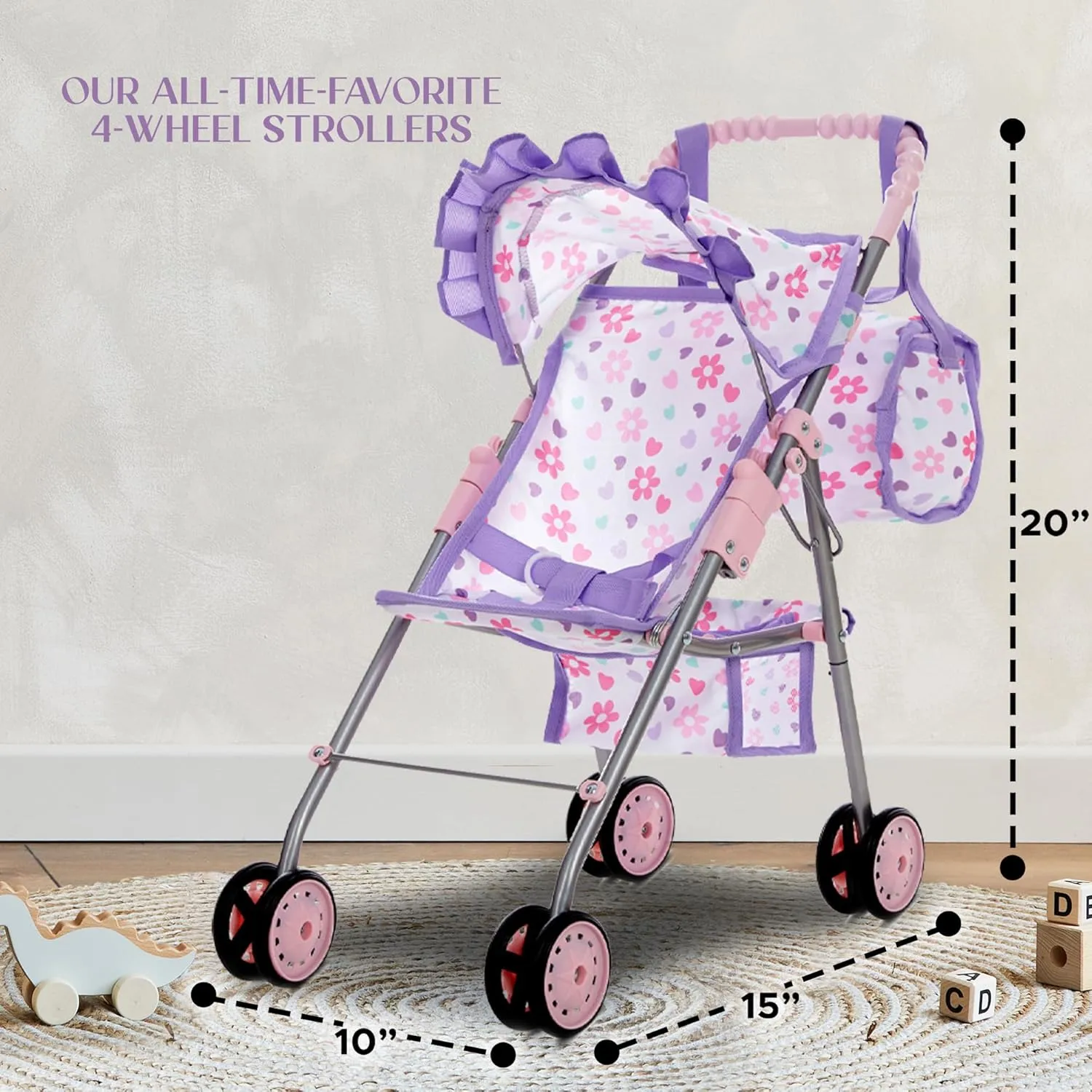 Dolls To Play Baby Doll Stroller for Girls, Toddler Play Toy Doll Buggy Carriage Foldable with Canopy Storage Basket Travel Diaper Bag - Purple