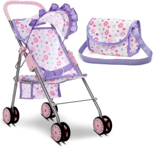 Dolls To Play Baby Doll Stroller for Girls, Toddler Play Toy Doll Buggy Carriage Foldable with Canopy Storage Basket Travel Diaper Bag - Purple