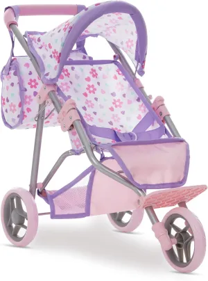 Dolls To Play Baby Doll Stroller Jogger Style 3 Wheels Toy, Girls with Canopy and Basket Buggy Carriage for Kids, My First Jogging Pram Heavy Duty - 21 Inch - Purple