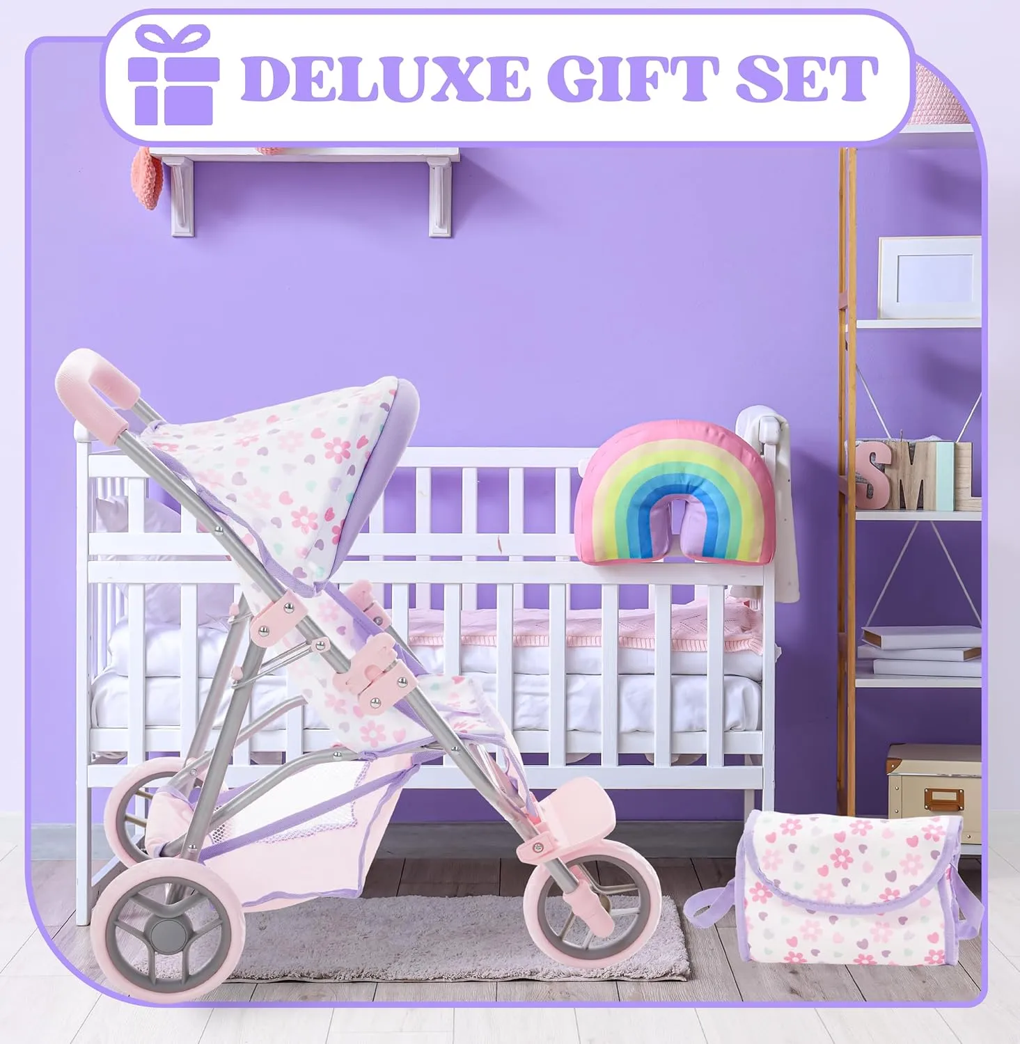 Dolls To Play Baby Doll Stroller Jogger Style 3 Wheels Toy, Girls with Canopy and Basket Buggy Carriage for Kids, My First Jogging Pram Heavy Duty - 21 Inch - Purple