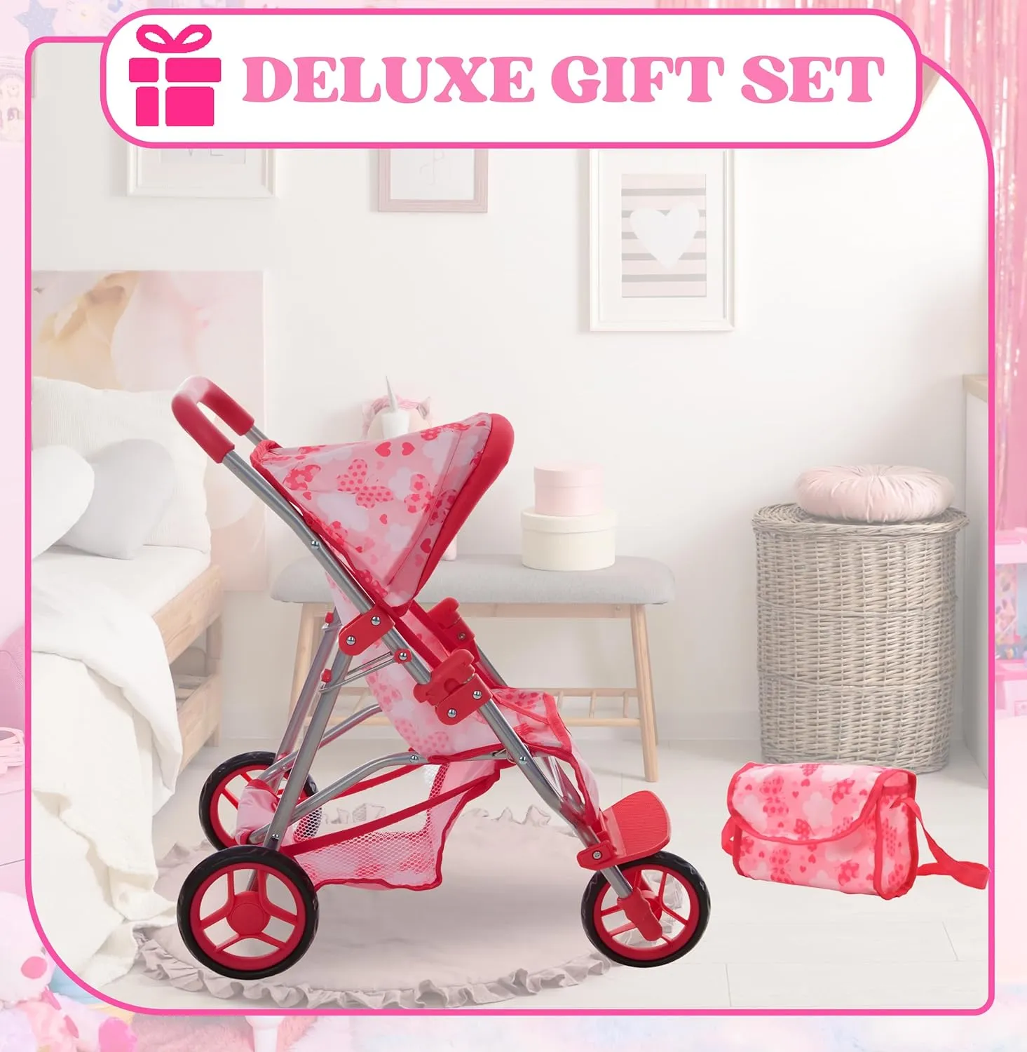 Dolls To Play Baby Doll Stroller Jogger Style 3 Wheels Toy Play, Girls with Canopy and Basket Buggy Carriage for Kids, My First Jogging Pram Heavy Duty - 21 Inch - Pink