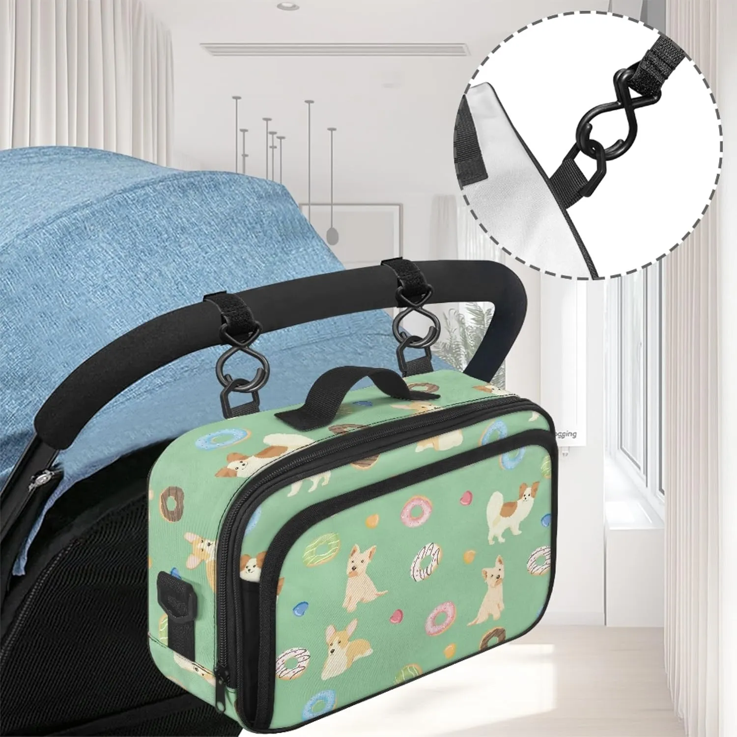 Donut Dog Small Diaper Bag Mini Stroller Diaper Bag with Pocket Crossbody Diaper Caddy with Hook for Diapers Large Space Storage Bin for Diapers Green