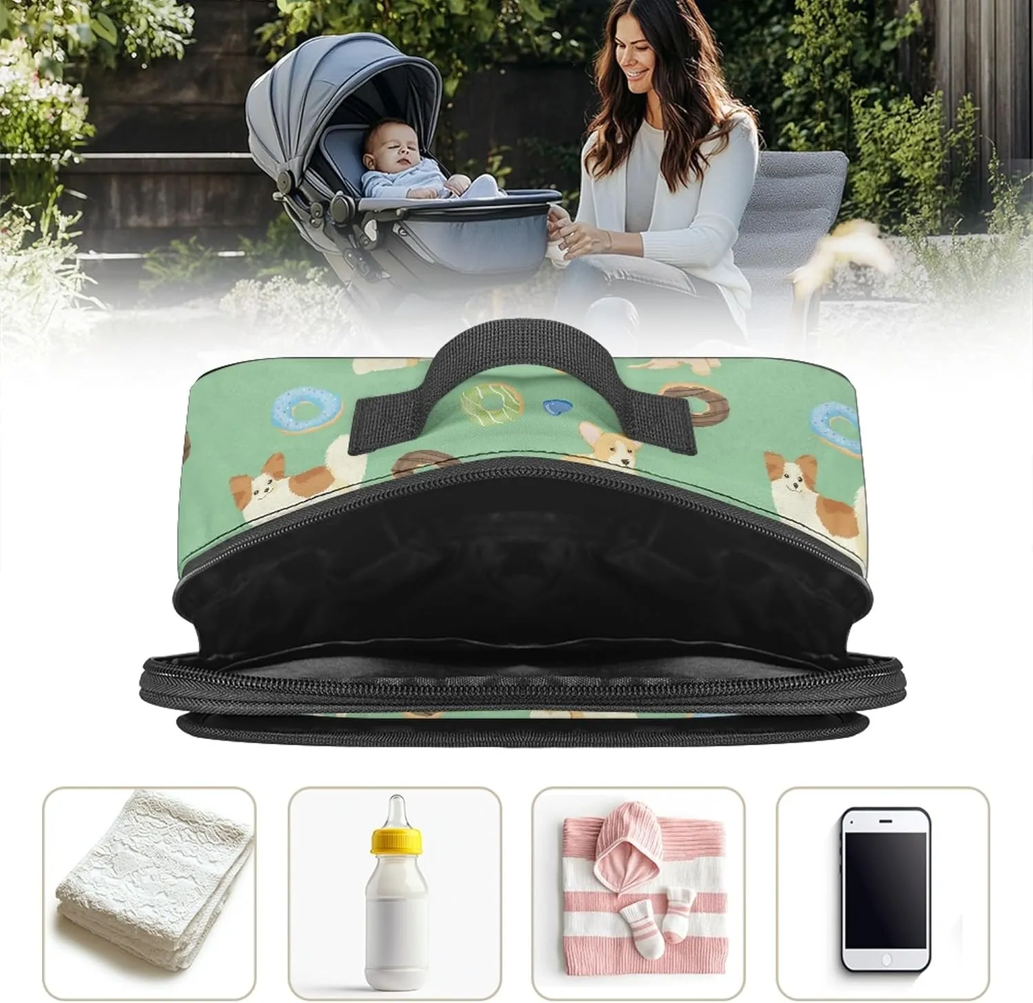 Donut Dog Small Diaper Bag Mini Stroller Diaper Bag with Pocket Crossbody Diaper Caddy with Hook for Diapers Large Space Storage Bin for Diapers Green